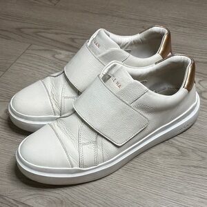 Cole Haan White Leather Velcro Sneakers with Gold Heel